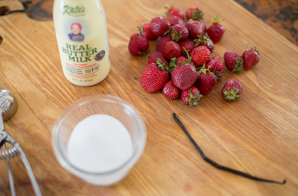BRUNSWICK, ME - JUNE 27: Strawberries, vanilla bean, sugar and buttermilk are all you need to make delicious strawberry vanilla sherbet. 