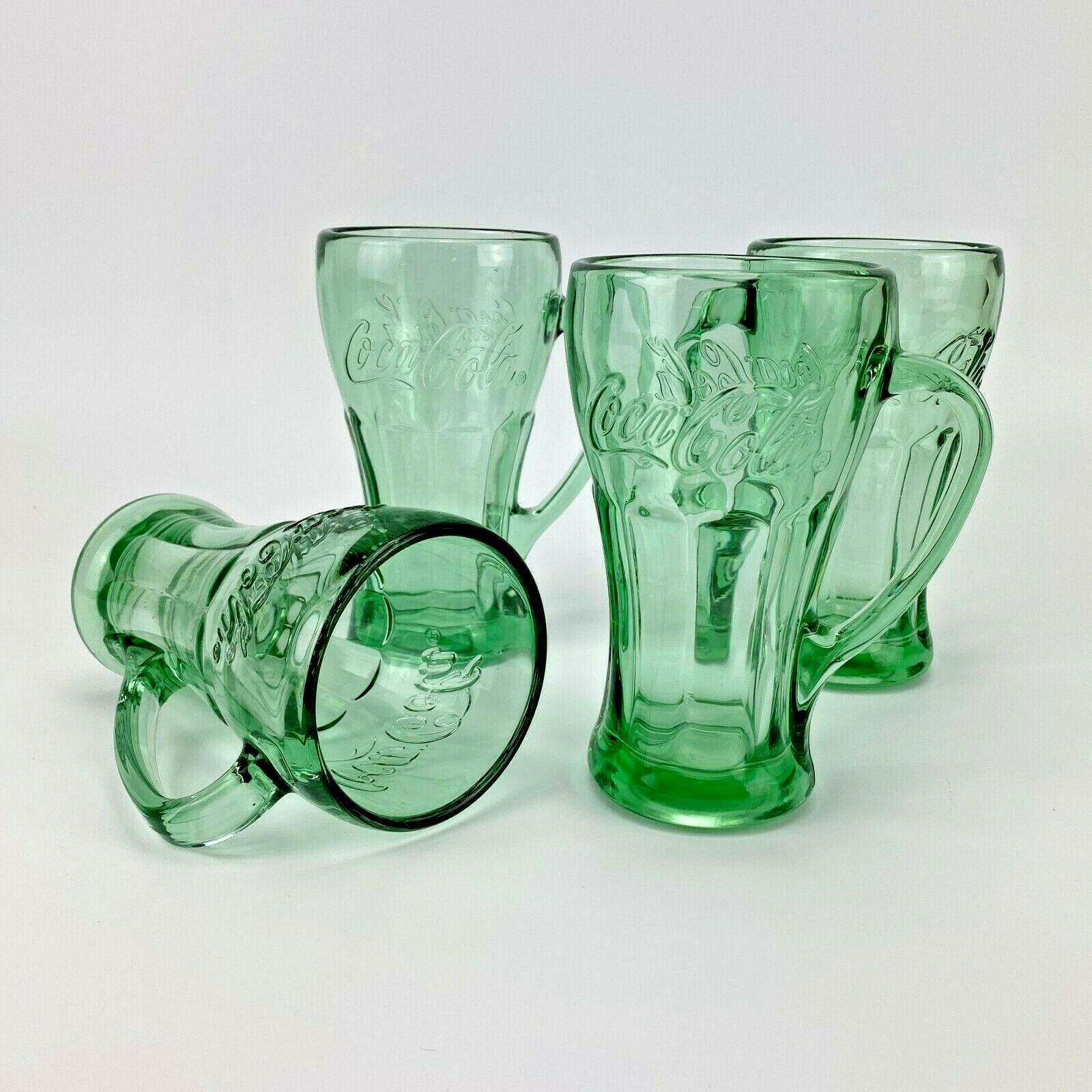 Vintage Libbey Coca-Cola Embossed Green Fountain Glass With Handle Set of 4