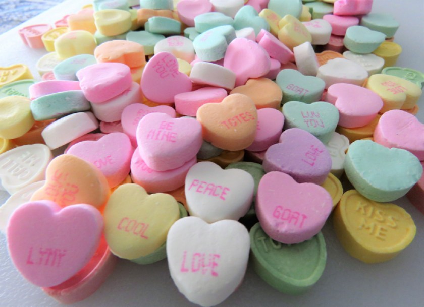 Heart-shaped conversation candies, background