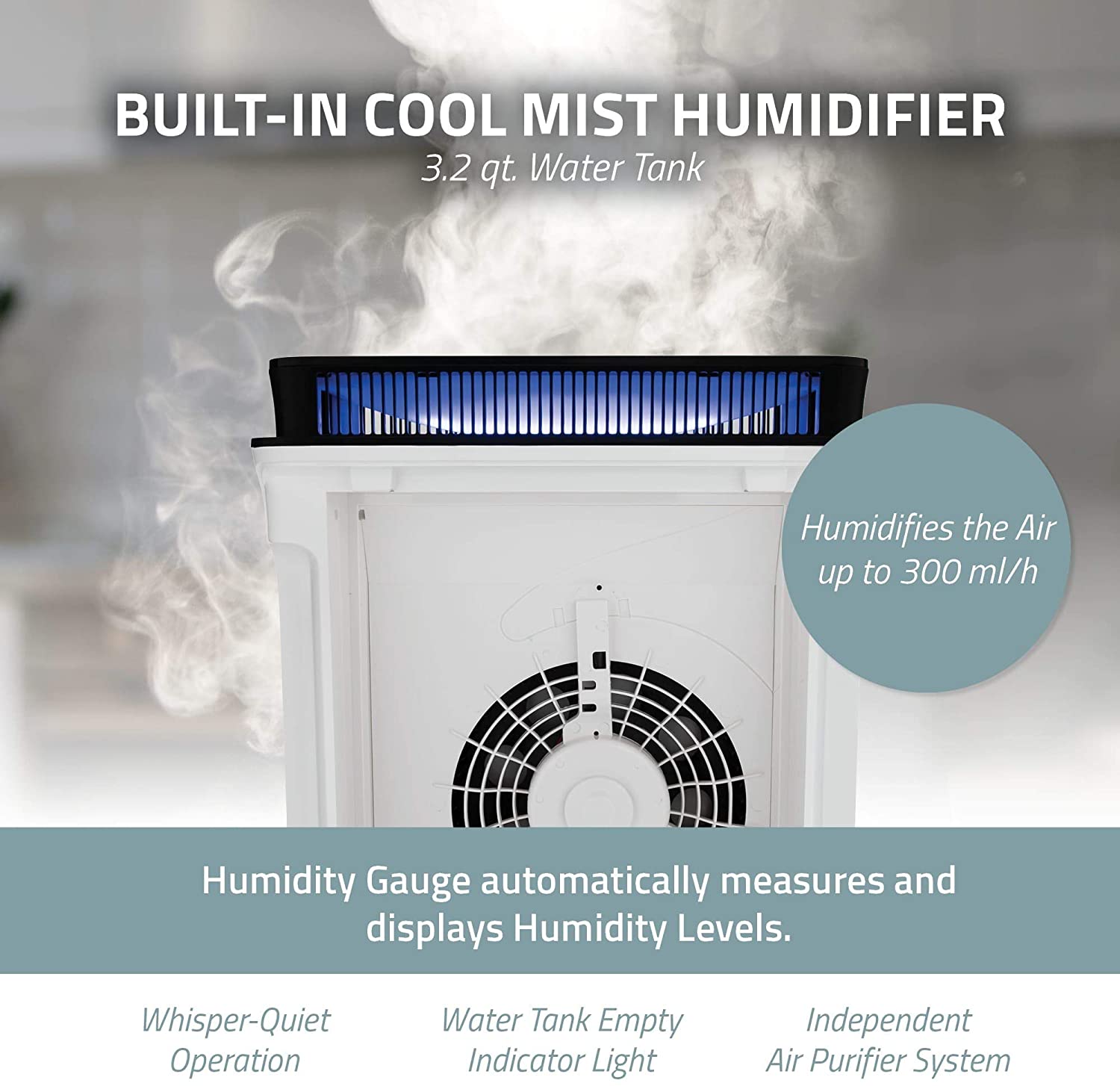 Lifestyle by Focus LS-AP350 PURA Max Air Purifier and Humidifier with True HEPA Filter, Odor Allergies Eliminator for Smoke, Dust, Mold, Home and Pets with Optional Night Light and Child Lock