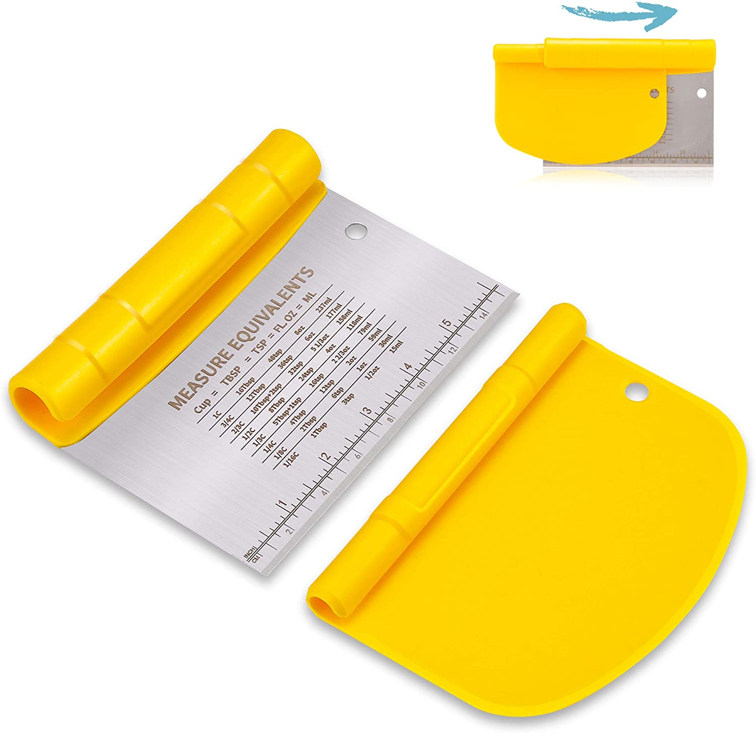 NanaHome Bench Scraper for Baking, Stainless Steel Dough Scraper/Cutter/Chopper and Flexible Plastic Bowl Scraper Set - Pastry, Pizza Cutter, Baking Tools with Measurement, 2 in 1 Kitchen Scraper