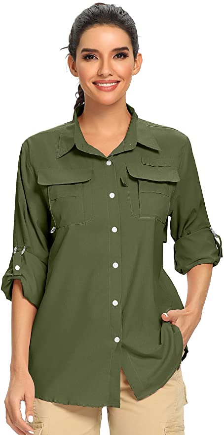 Women's UPF 50+ UV Sun Protection Safari Shirt, Long Sleeve Outdoor Cool Quick Dry Fishing Hiking Gardening Shirts