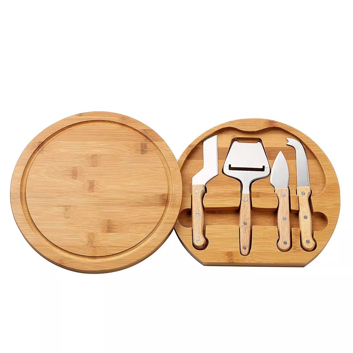 Juvale Cheese Board and Knife Set, Bamboo Appetizer Board & 4 Stainless Steel Utensils, Swivel Storage Tools Stored Neatly Inside, 10.2" in Diameter