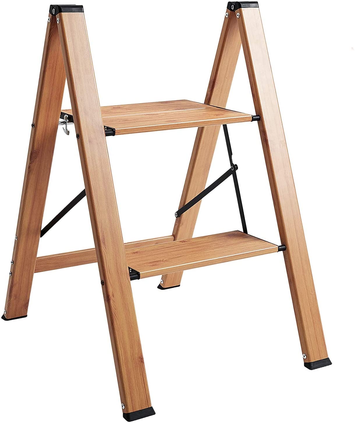 Delxo Lightweight Aluminum Woodgrain 2 Step Stool Folding Step Stool Step ladders Home and Kitchen Step Ladder Anti-Slip Sturdy and Wide Pedal Ladders 330lbs Capacity Space Saving