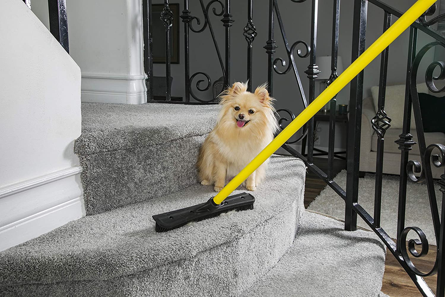 FURemover Broom, Pet Hair Removal Tool with Squeegee & Telescoping Handle That Extends from 3-5', Black & Yellow