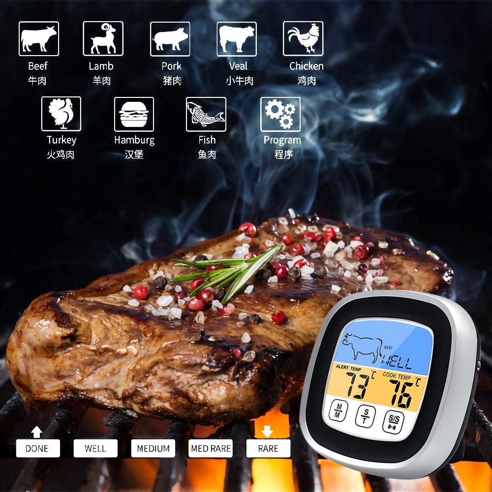 LCD Digital Thermometer, Oven Thermometer, Digital Meat Thermometer, Instant Read Meat Thermometer with Alarm Sign Countdown Timer, Food Thermometer for Roast, BBQ, Oven, Meat and Grills