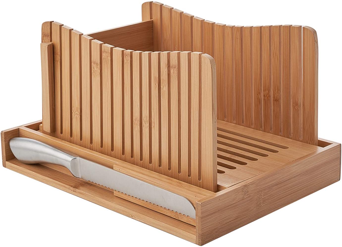 COMELLOW Bamboo Bread Slicer with 3 Different Size Slices, Wooden Bread Slicer with Crumb Tray and Knife, Adjustable Bread Slicing Guide for Homemade Bread
