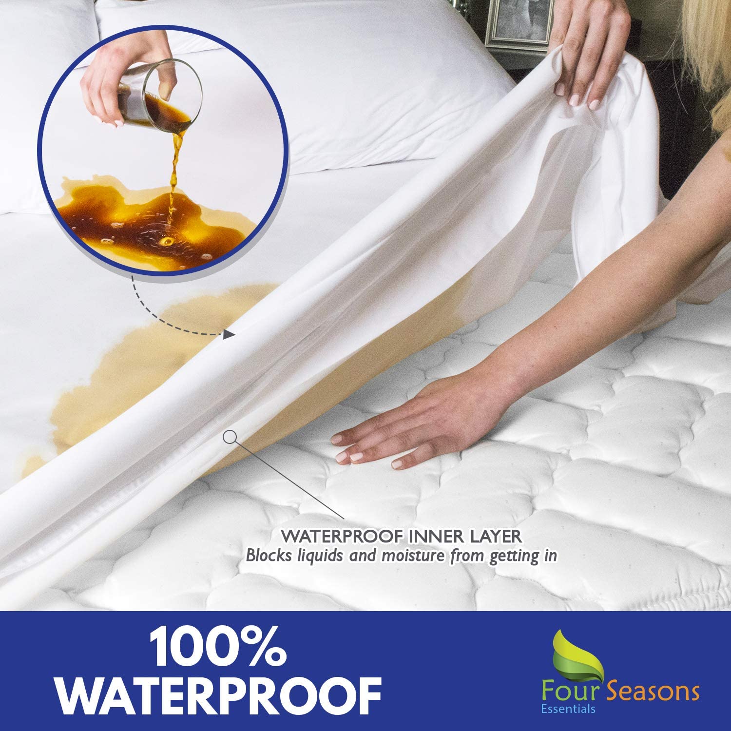 Four Seasons Essentials Queen Mattress Protector Bedbug Waterproof Zippered Cover Hypoallergenic Premium Quality Encasement Protects Against Dust Allergens