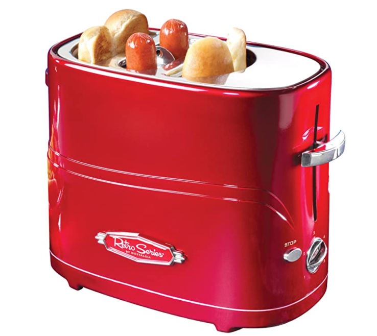 Nostalgia HDT600RETRORED Pop-Up 2 Hot Dog and Bun Toaster With Mini Tongs Works with Chicken, Turkey, Veggie Links, Sausages and Brats, Pack of 1, Retro Red