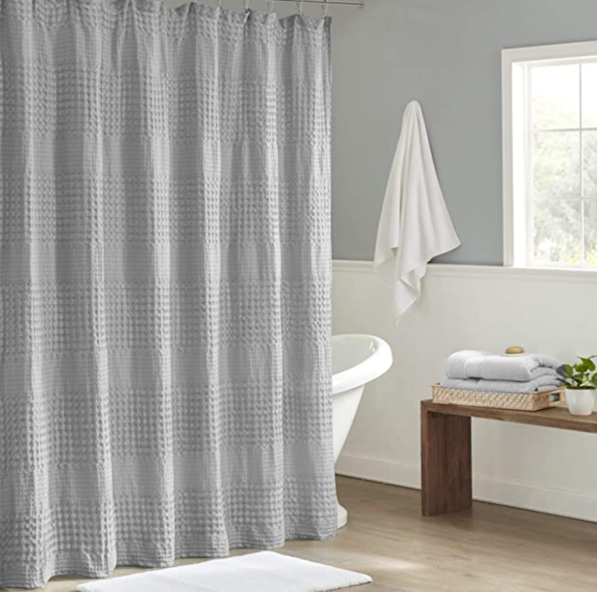 Madison Park Arlo 100% Cotton Shower Curtain, Texture Waffle Weave Design 800 GSM Hotel Quality Soft Trendy Bathroom D&eacute;cor, Machine Washable, Bathtub Fabric Privacy Screen, 72" x 72", Grey