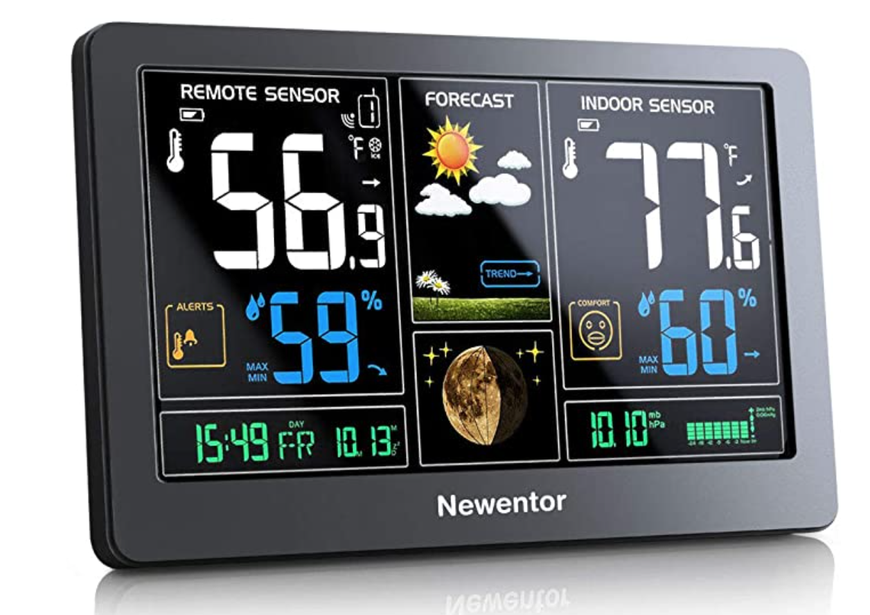 Newentor Weather Station Wireless Indoor Outdoor Thermometer, Color Display Digital Weather Thermometer with Atomic Clock, Forecast Station with Calendar and Adjustable Backlight