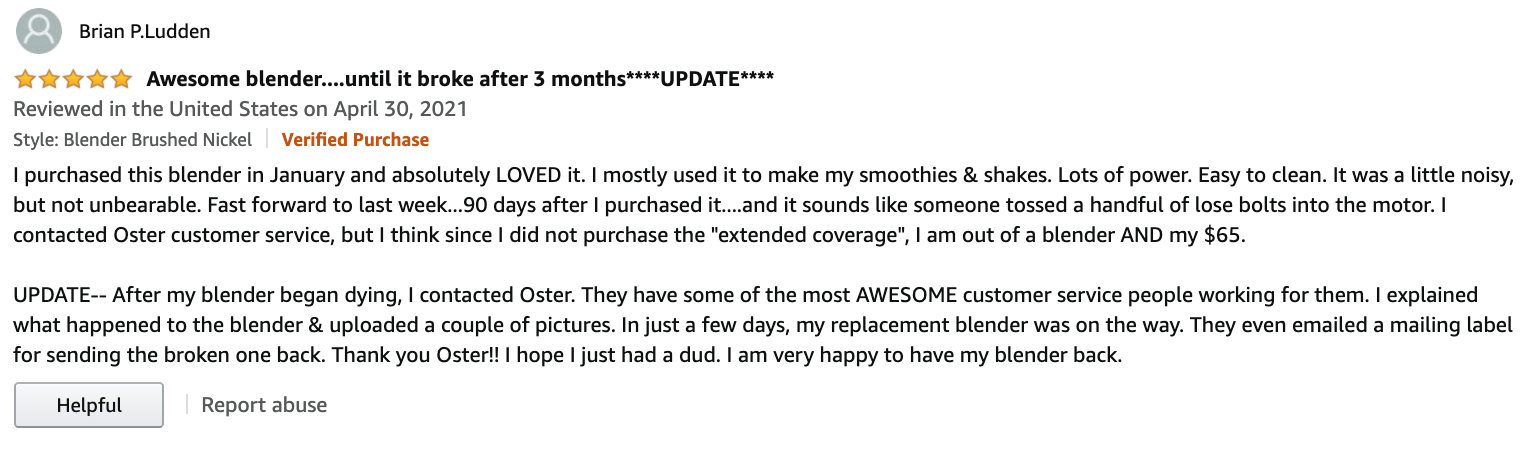 awesome warranty:customer service oster blender review