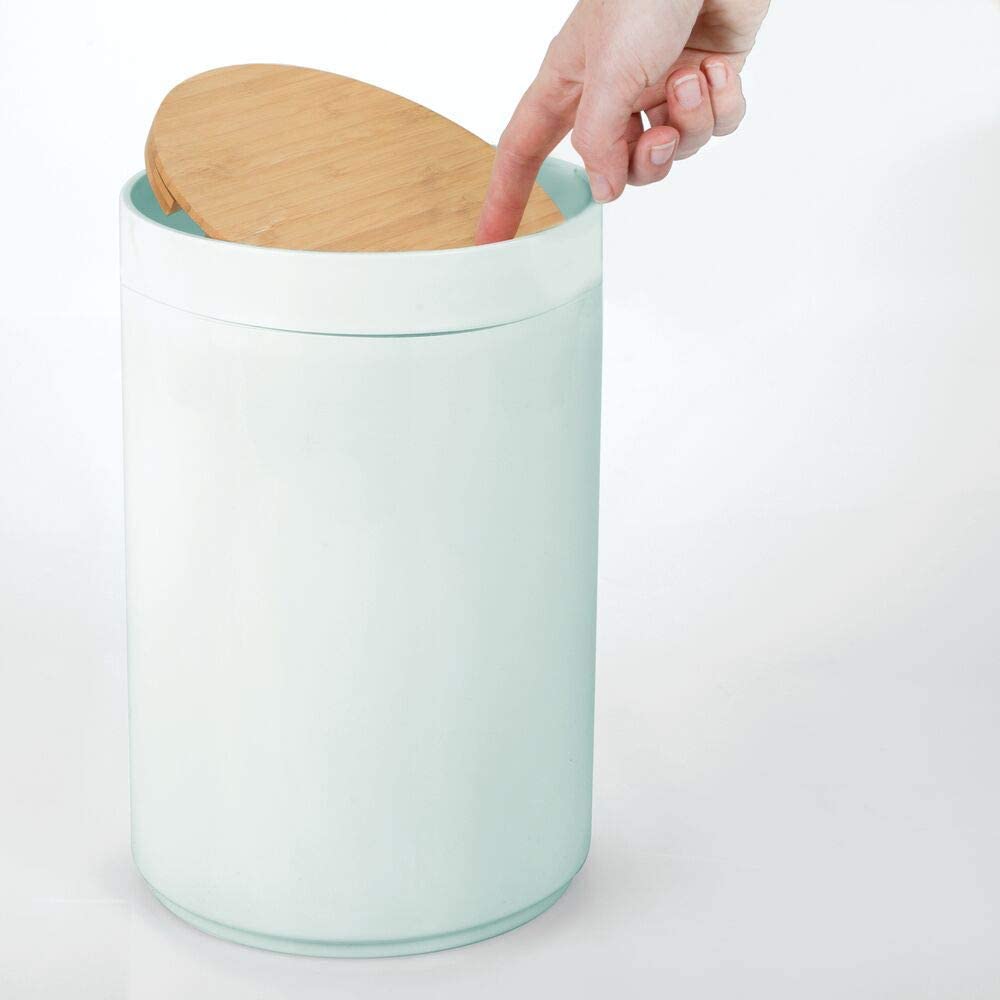 mDesign Small Round Plastic Trash Can Wastebasket, Garbage Container Bin with Bamboo Swing Top Lid - for Bathrooms, Kitchens, Home Offices - 1.3 Gallon:5.