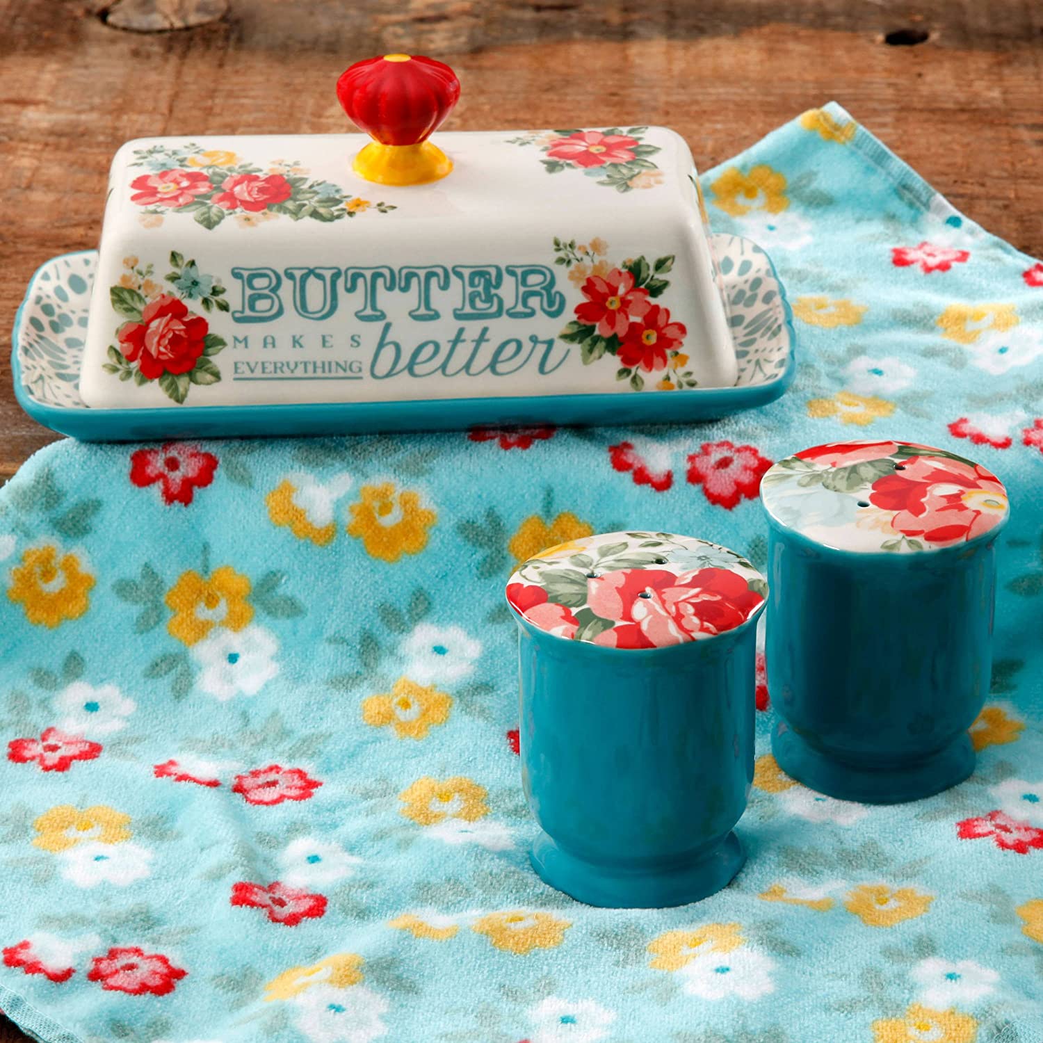  The Pioneer Woman Vintage Floral Salt and Pepper and Butter Dish Set