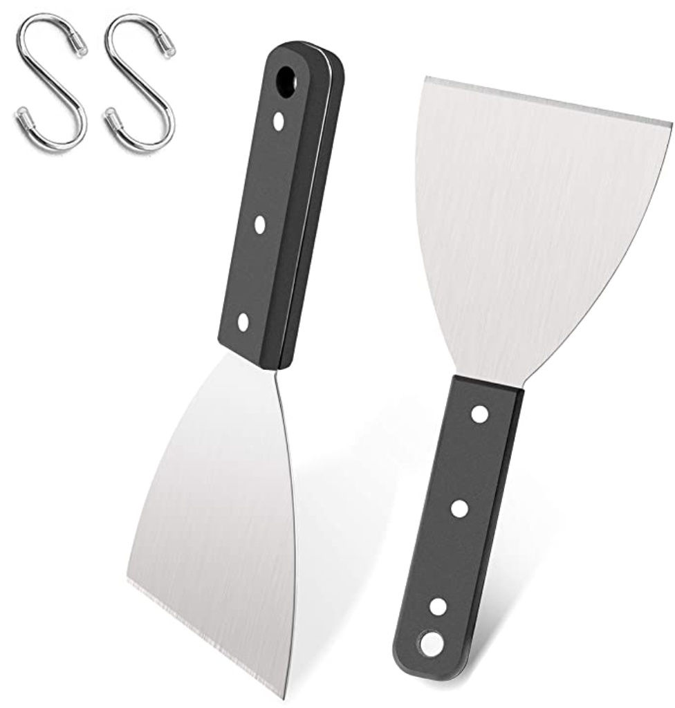 Grill Griddle Scraper Set of 4, Leonyo Stainless Steel Metal Grill Scraper Tool for Flat Top Teppanyaki BBQ, Versatile Scraper for Dough Pancake Pizza Home Baking Cooking, Slant Edge & Dishwasher Safe