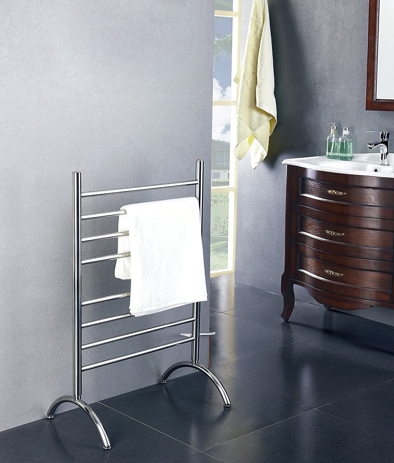 WarmlyYours 8-Bar Barcelona Freestanding Electric Heated Bath Towel Warmer Rack, Plug in, Brushed Stainless Steel