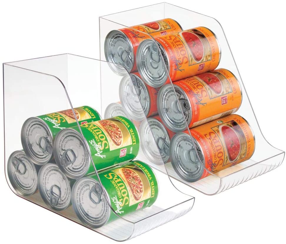 mDesign Large Standing Kitchen Can Dispenser Storage Organizer Bin for Canned Food, Soup, Dog Food, Pop:Soda - Compact Vertical Holder - 2 Pack - Clear