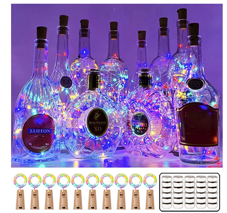 MUMUXI 10 Pack 20 LED Wine Bottle Lights with Cork, 3.3ft Silver Wire Cork Lights Battery Operated Fairy Mini String Lights for Liquor Bottles Crafts Party Wedding Halloween Christmas Decor,Colorful