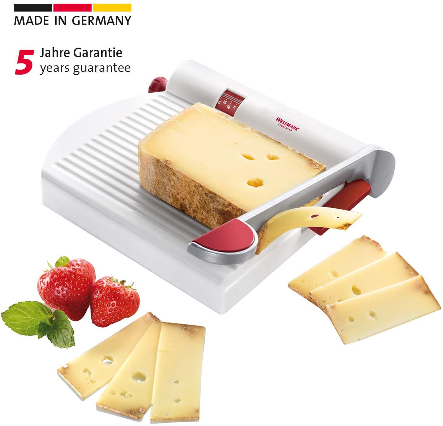 Westmark Germany Multipurpose Stainless Steel Cheese and Food Slicer with Board and Adjustable Thickness Dial (White) -