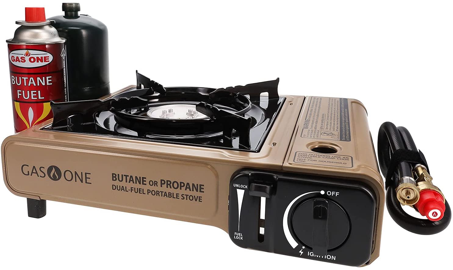 Gas ONE Propane or Butane Stove GS-3400P Dual Fuel Portable Camping and Backpacking Gas Stove Burner with Carrying Case Great for Emergency Preparedness Kit (Gold)