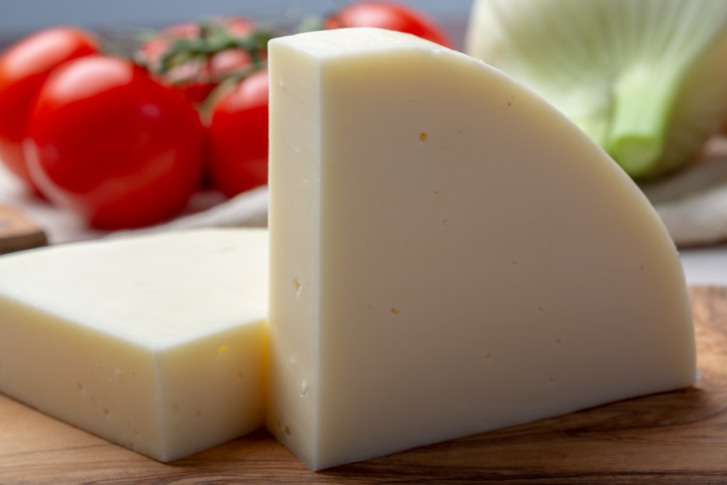 Italian cheese, Provolone dolce cow cheese from Cremona served with olive bread and tomatoes