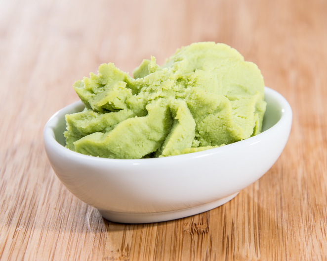 Bowl with Wasabi on wooden background