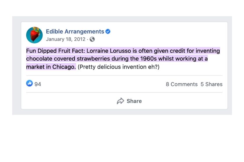 Facebook screenshot of the Edible Arrangements account talking about the invention of the chocolate covered strawberry in the 1960s