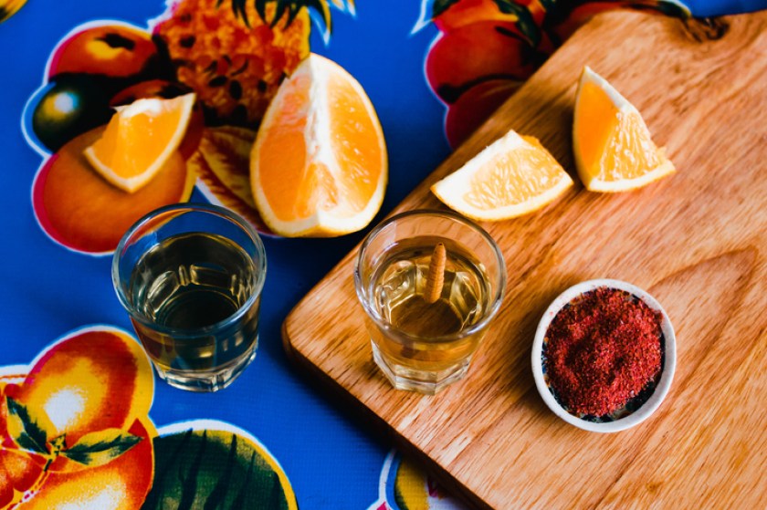mezcal shot with chili salt and agave worm, mexican drink in mexico