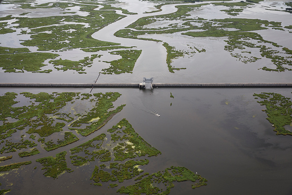 NEW ORLEANS, LA - AUGUST 23: The $1.1 billion Lake Borgne Surge Barrier stands near the confluence of and across the Gulf Intracoastal Waterway and the Mississippi River Gulf Outlet on August 23, 2019 in New Orleans, Louisiana.
