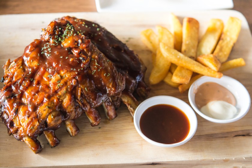 Close up Gourmet Grilled Pork Rib and Fried Potato