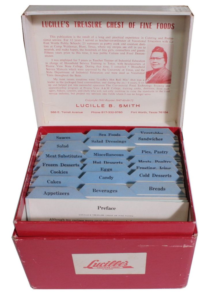 A cookbook presented in recipe-box form, Lucille's Treasure Chest of Fine Foods was reissued throughout the mid-20th century.