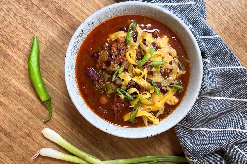 instant pot chili in a bowl