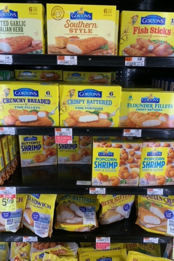 various fried seafood at store